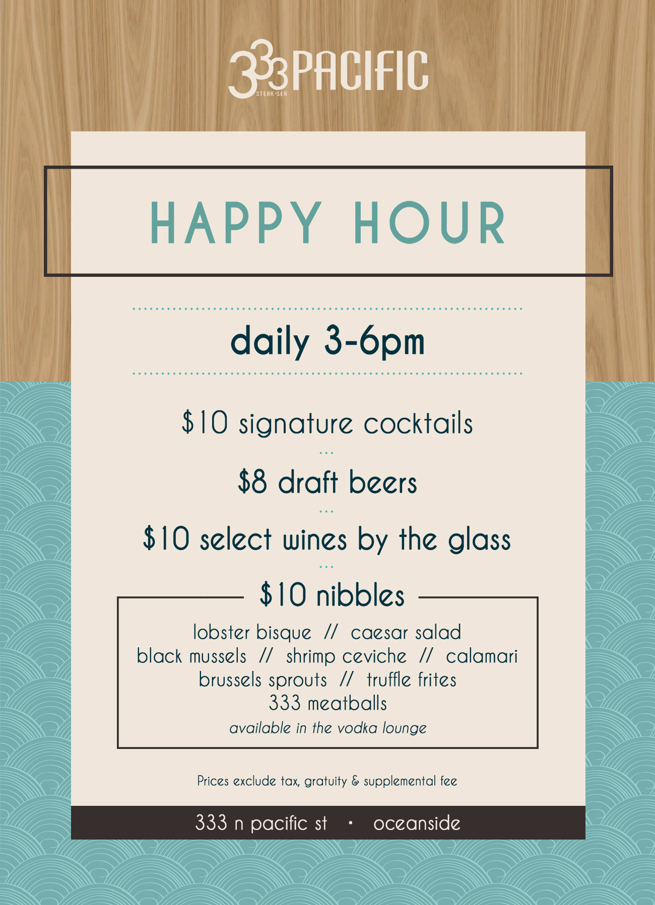 Happy Hour at 333 Pacific text, letter
