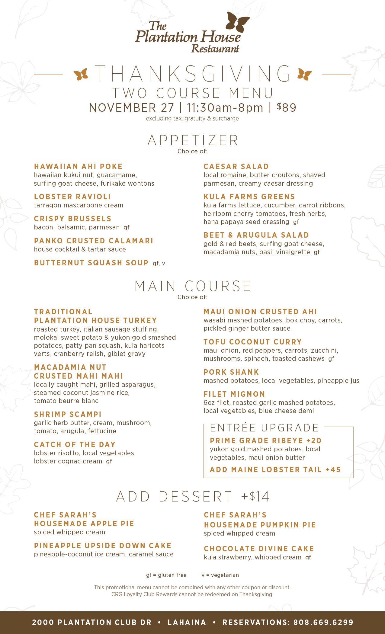 2-Course Thanksgiving Dinner at Plantation House text, letter